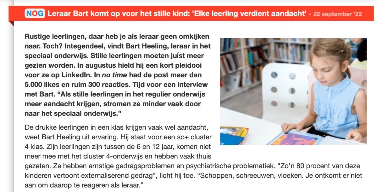 Artikel: Leraar Bart komt op voor het stille&nbsp;kind